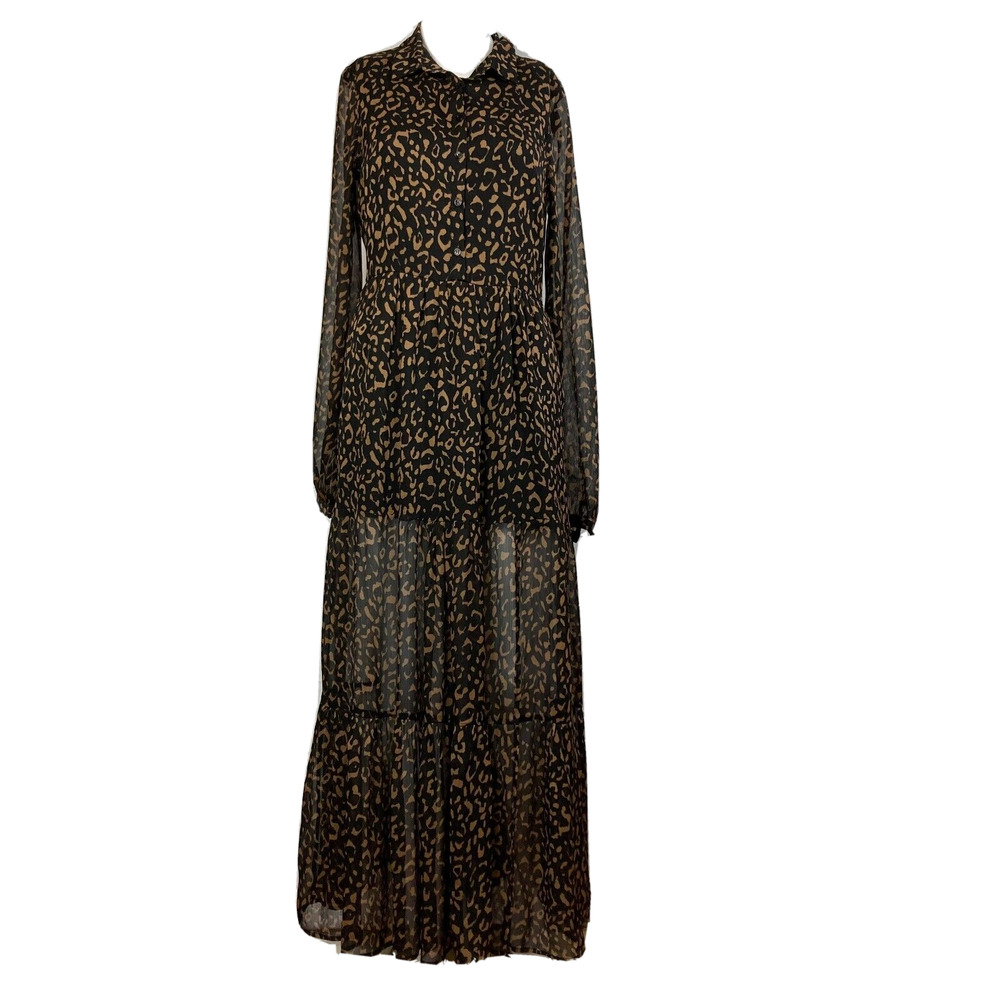 Karlie Dress Womens Sz S Maxi Black Brown Leopard Print Sheer Tiered Long Sleeve